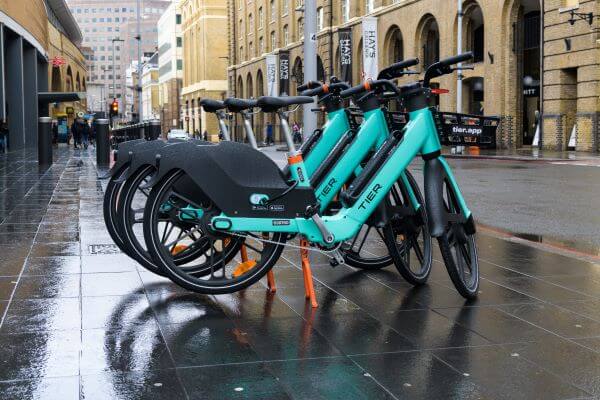 A row of rentable E Bikes in Southwark, South London