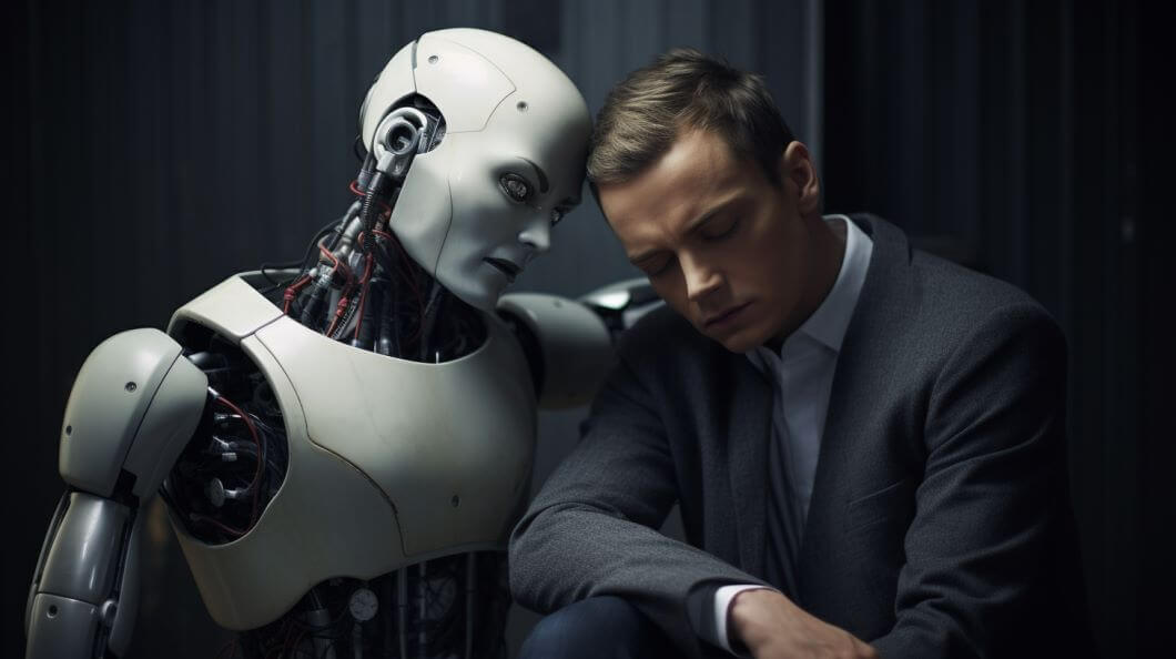 depressed man gets comforted by an empathetic robot