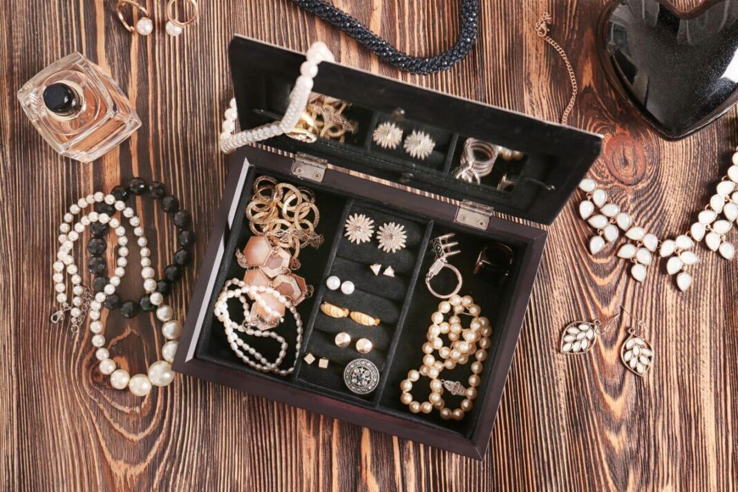 jewellery in box on dresser