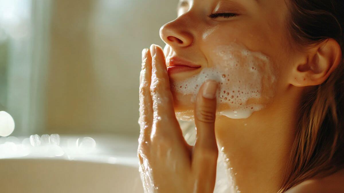 How to Create a Low-Maintenance Skincare Routine 1 woman cleansing and exfoliating skin