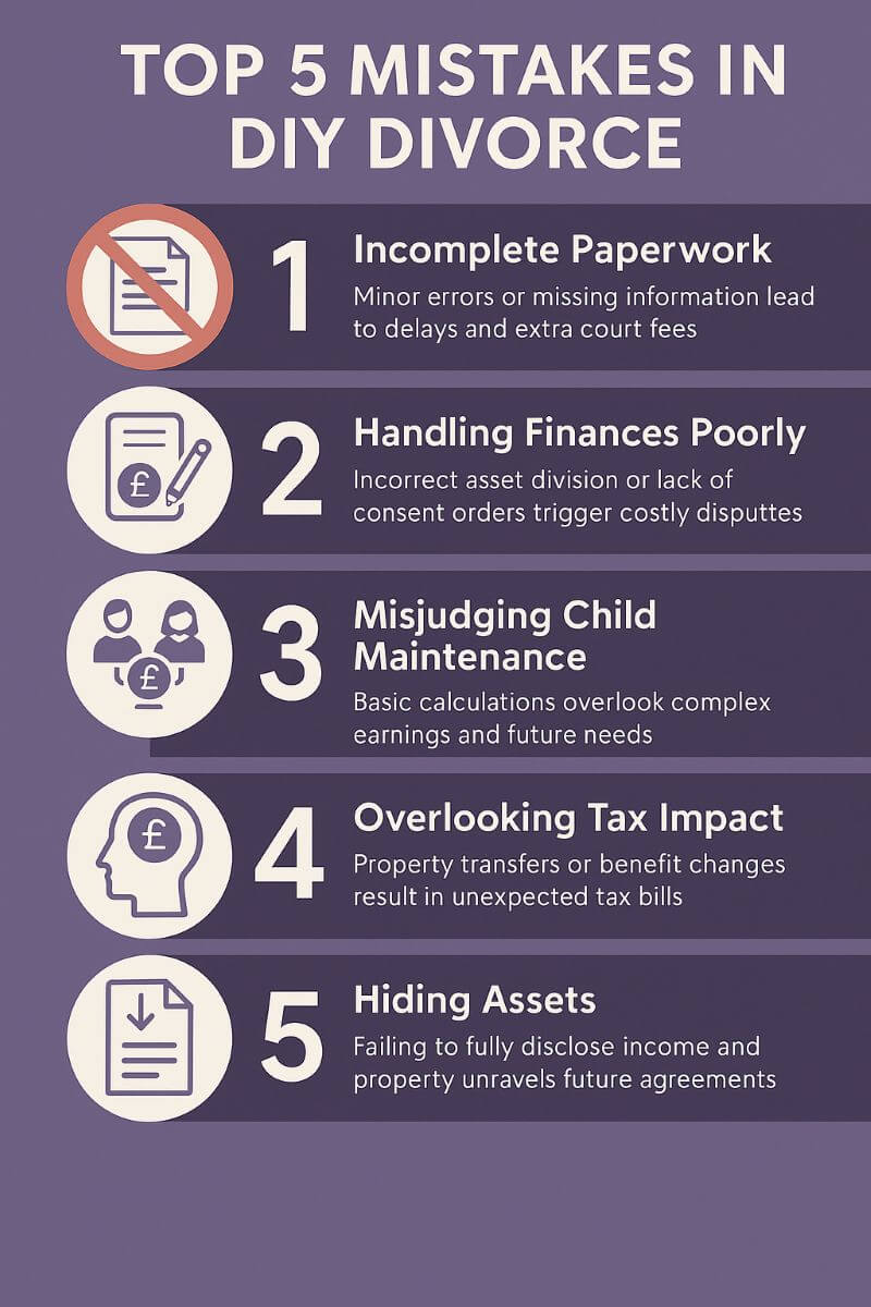 The Hidden Financial Risks of DIY Divorce: What Many Don’t Anticipate 1 top 5 mistakes in DIY divorce infographic