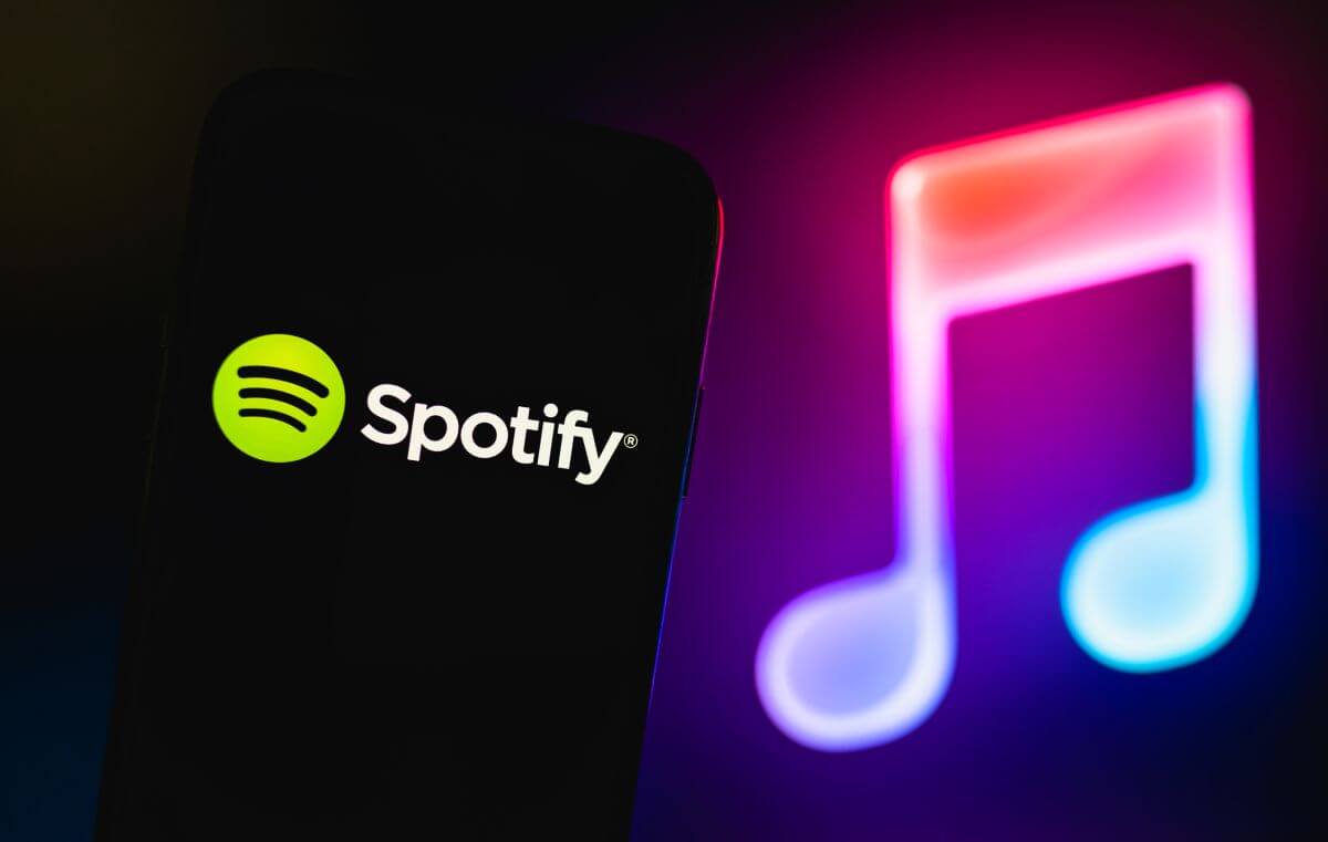 Spotify logo on a screen, representing music streaming platforms that dominate the UK music industry