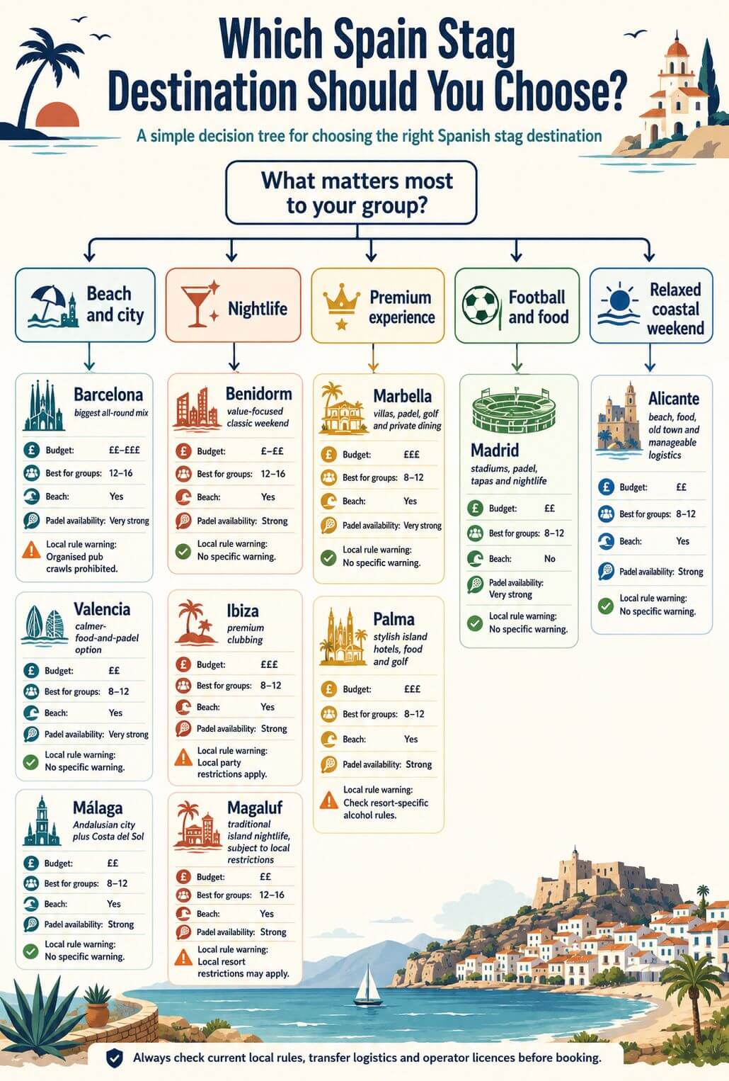 Spain Stag Do Ideas: Padel, Boats, Beaches and Big Weekend Plans 3 Decision tree for choosing the best Spain stag do destination