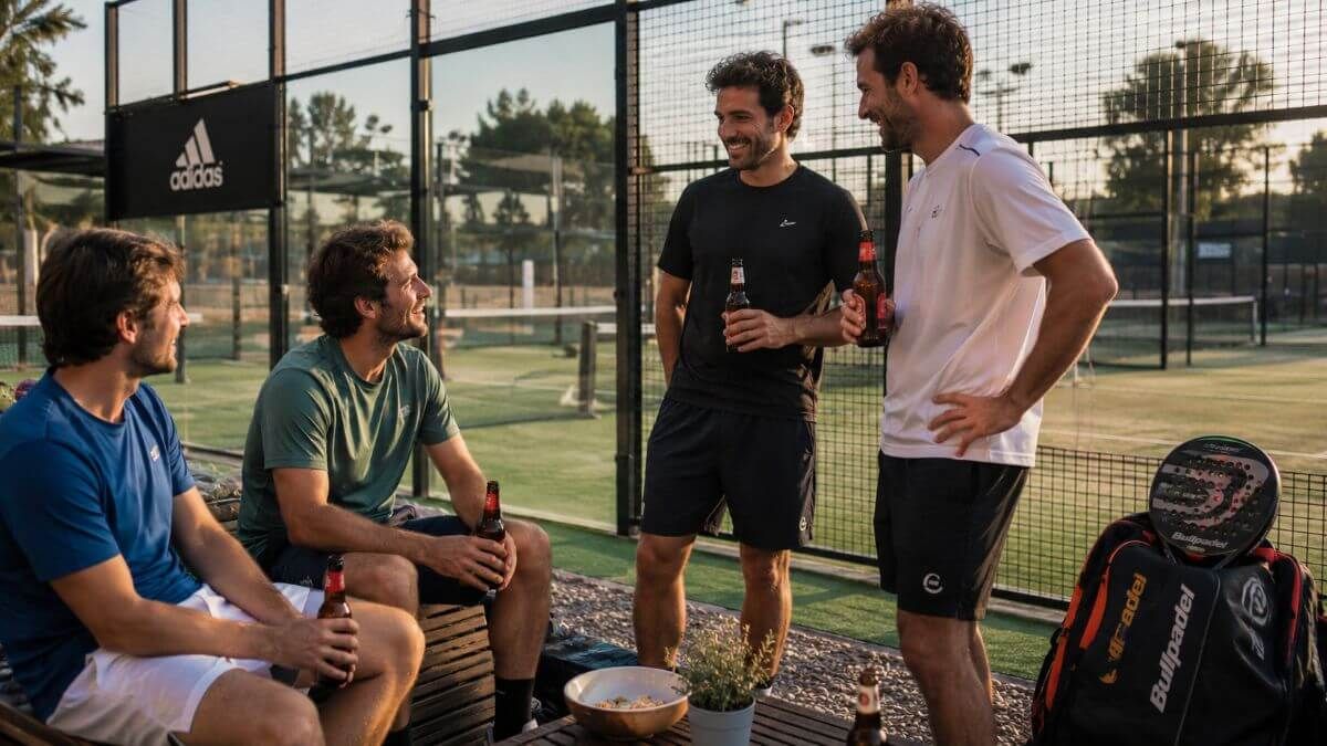 Spain Stag Do Ideas: Padel, Boats, Beaches and Big Weekend Plans 1 Group of men relaxing with beers beside a padel court in Spain